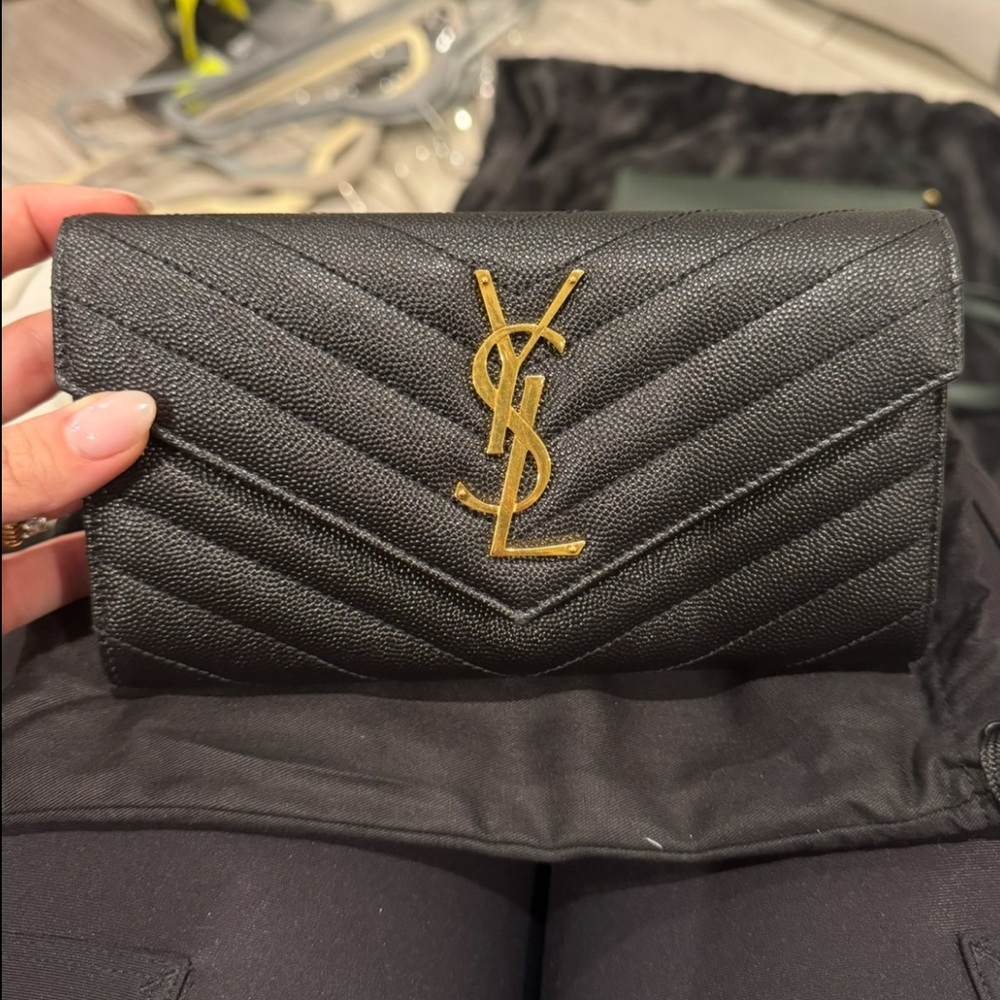 Yves Saint Laurent Black Chevron Wallet with Gold Logo